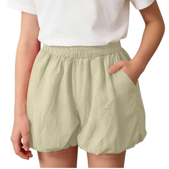 Miluxas Girls Bubble Mini Skorts Summer Trendy Skirt Shorts Elastic Waist Pleated Puffy Short Beige 5-6Years