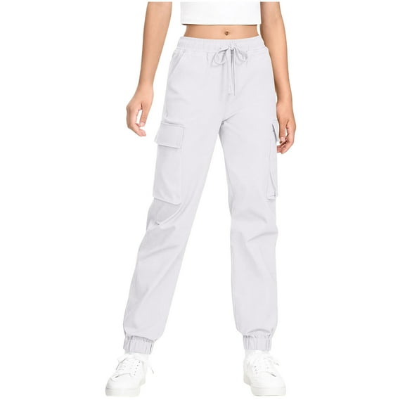 Miluxas Girls Cargo Jogger Pants Parachute Pants with Elastic Waist and Pockets Cargo Trousers for Teens Girls White 12-13Years