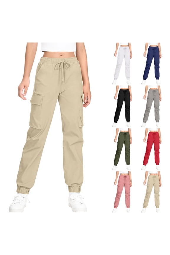 Girls Cargo Jogger Pants Parachute Pants with Elastic Waist and Pockets Cargo Trousers for Teens Girls White 14-15Years