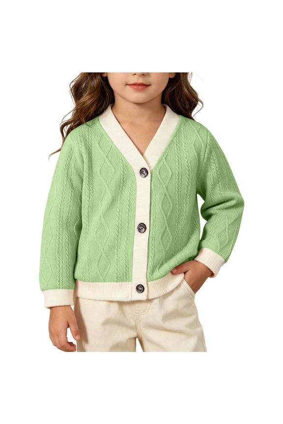Girls Color Block Cable Knit Open Front Cardigan, Contrast Collar Cuff Button Knit Jacket, Stretchy Cozy Sweater Green 3-6 Months