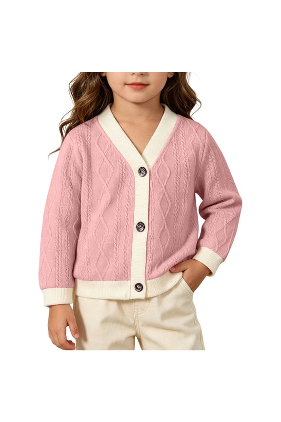 Girls Color Block Cable Knit Open Front Cardigan, Contrast Collar Cuff Button Knit Jacket, Stretchy Cozy Sweater Pink 2-3 Years