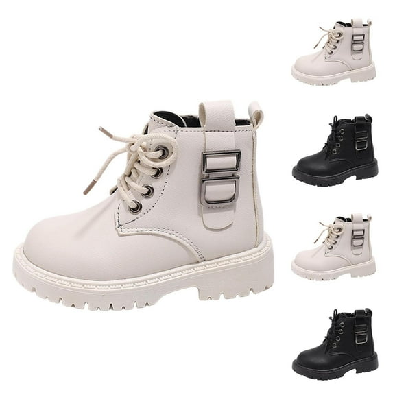 Miluxas Girls Combat Boots Girls Ankle Booties Lace up with Side Zipper (Toddler/Little Kid/Big Kid) White 12 M(30)