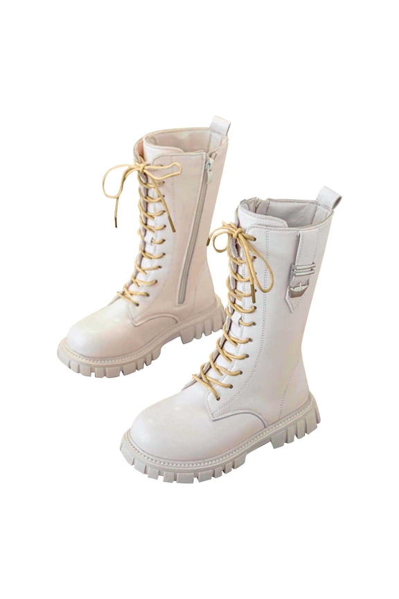 Girls Combat Boots Knee High Mid Calf Side Zipper Lace up Fleece Lined Classic Kids Winter Shoes Fashion Teen Punk Goth Boot Beige 13.5(33)