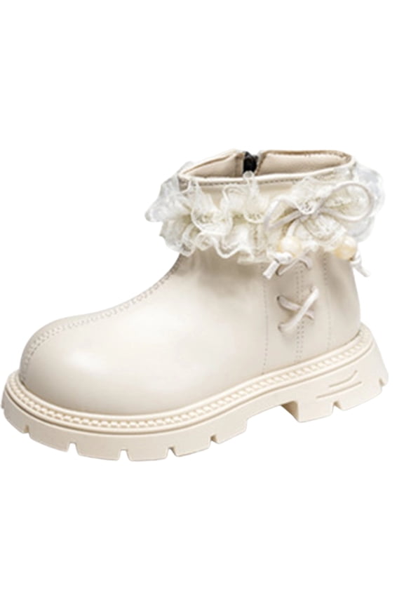 Girls Combat Boots Lace Bow, Side Zipper, Fashion Kids Ankle Booties for Little/Big Kid, Waterproof Warm Non-Slip Outdoor Shoes for School Beige 9.5(26)