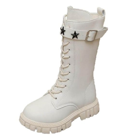 Miluxas Girls Combat Boots Lace up Side Zipper PU Leather Waterproof Mid Calf Riding Winter Boots for Toddler/Little Kid/Big Kid Beige 7.5-8Years