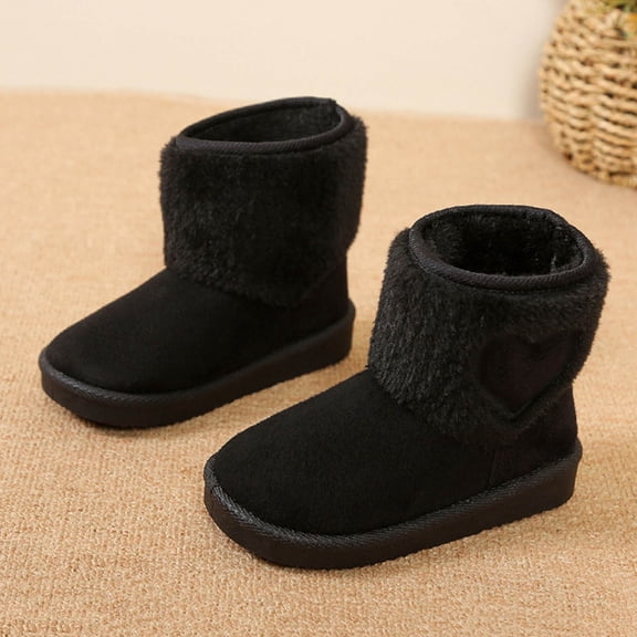 Miluxas Girls Cute Love Heart Pattern Princess Boots Winter Warm Thick Snow Shoes Fashion Shaggy Plush Ankle Boots Black 8(25)