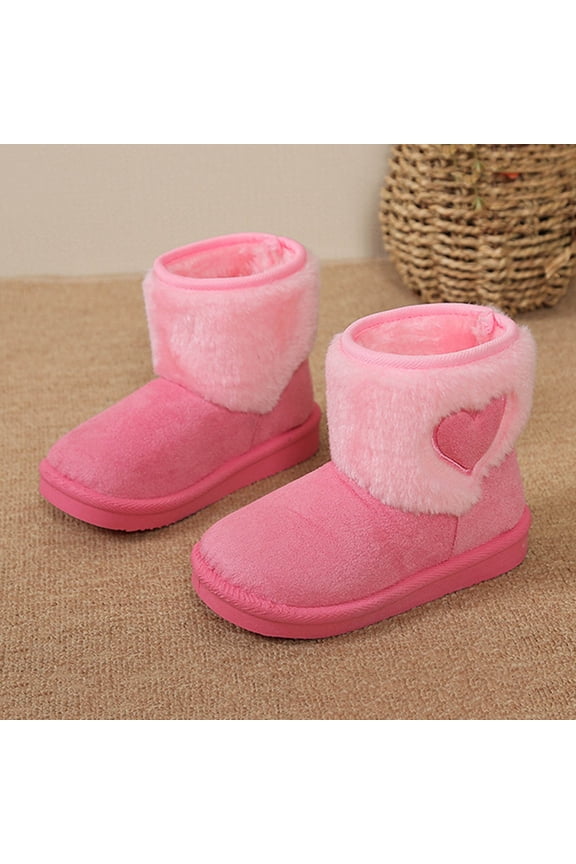 Girls Cute Love Heart Pattern Princess Boots Winter Warm Thick Snow Shoes Fashion Shaggy Plush Ankle Boots Pink 11(28)