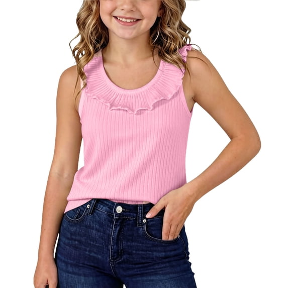 Miluxas Girls' Cute Ruffle Neck Tank Top, Sleeveless Camisole with Frill Trim, Slim Fit Casual Top for Little Girls Pink 3-4Years