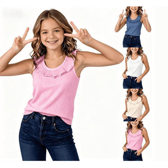Miluxas Girls' Cute Ruffle Neck Tank Top, Sleeveless Camisole with Frill Trim, Slim Fit Casual Top for Little Girls White 1-2Years