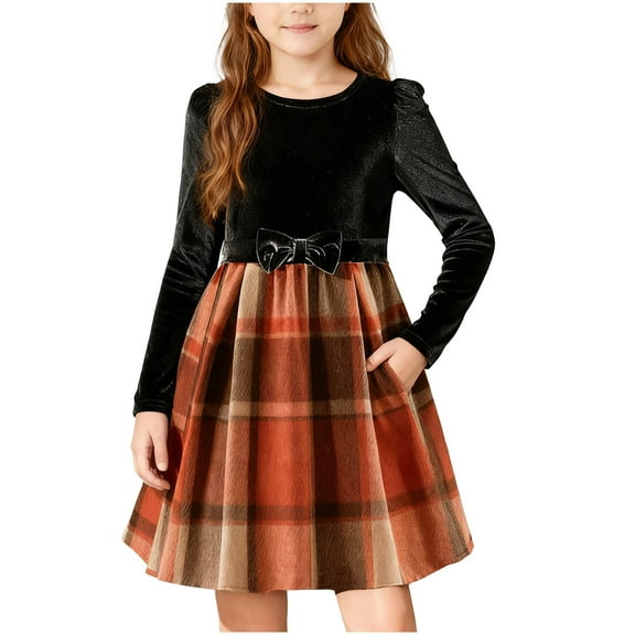 Miluxas Girls Dress Velvet Patchwork Plaid Long Sleeve Holiday Dresses Cute Bow A Line Kids Outfit Orange 11 Years(150)