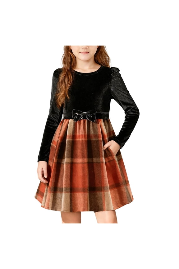 Girls Dress Velvet Patchwork Plaid Long Sleeve Holiday Dresses Cute Bow A Line Kids Outfit Orange 11 Years(150)