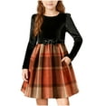 thumbnail image 1 of Miluxas Girls Dress Velvet Patchwork Plaid Long Sleeve Holiday Dresses Cute Bow A Line Kids Outfit Orange 4 Years(110), 1 of 5