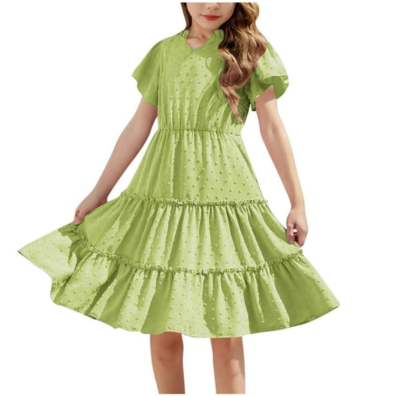 Miluxas Girls Dresses Summer Ruffle Sleeve Solid Color V Neck Twirl Birthday Party Midi Dress Army Green 12 Years(160)