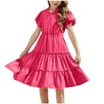 thumbnail image 1 of Miluxas Girls Dresses Summer Ruffle Sleeve Solid Color V Neck Twirl Birthday Party Midi Dress Hot Pink 5 Years(120), 1 of 9