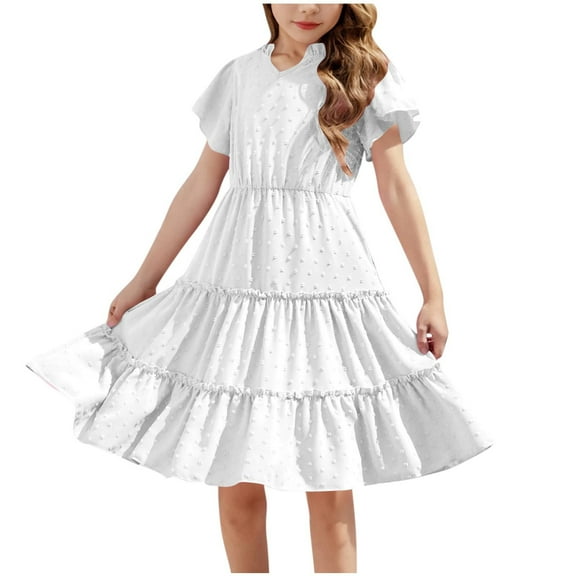 Miluxas Girls Dresses Summer Ruffle Sleeve Solid Color V Neck Twirl Birthday Party Midi Dress White 11 Years(150)