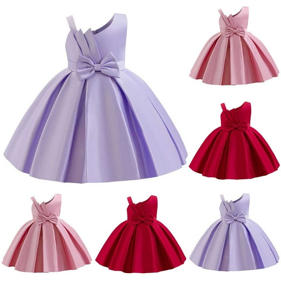 Miluxas Girls Dresses Solid Color Dress Satin Princess Dress Big Bow Knot formal Dress Red 2 Years