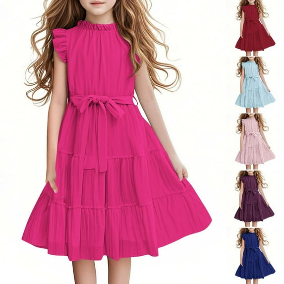 Miluxas Girls Elegant Dresses Kids Summer Ruffle Sleeve Dress Wine 15 Years