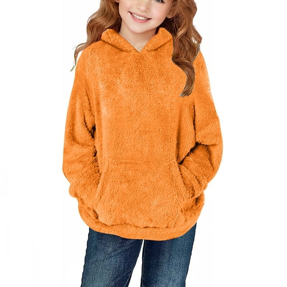 Miluxas Girls Fuzzy Fleece Hoodies Casual Sweatshirt Sherpa Pullover with Kangaroo Pockets Orange 13 Years