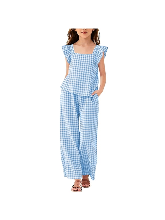 Girls' Gingham 2-Piece Set - Ruffle Sleeve Top & Wide Leg Pants, Lightweight Plaid Outfit for Beach & Summer Wear Blue 11 Years
