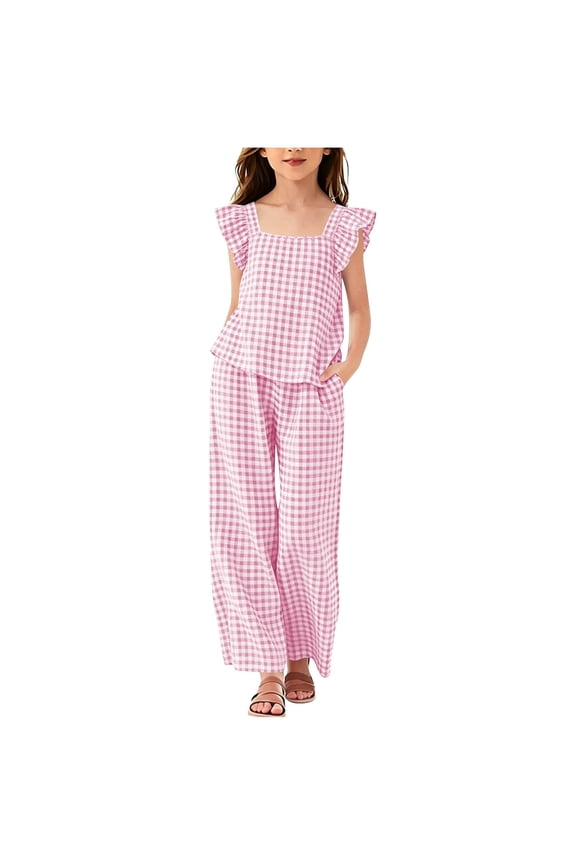 Girls' Gingham 2-Piece Set - Ruffle Sleeve Top & Wide Leg Pants, Lightweight Plaid Outfit for Beach & Summer Wear Pink 7 Years