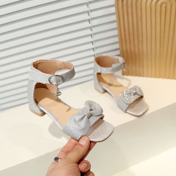 Miluxas Girls Heels Dress Shoes Flats for Wedding Bow Flower Princess Shoes for Little Kid/Big Kid Silver 10(27)