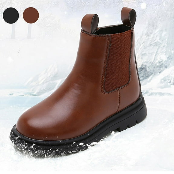 Miluxas Girls Kids Ankle Boots Side Zipper Chunky Low Heel Slip on Winter Casual Fleece Short Booties Shoes Brown 2.5(37)