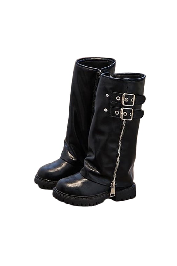 Girls Knee High Boots with Belt Buckle Winter Snow Mid Leg Boots Retro Pleated Pants Boots Dress Shoes for Toddler Little Kid Big Kid Black 10 M(27)