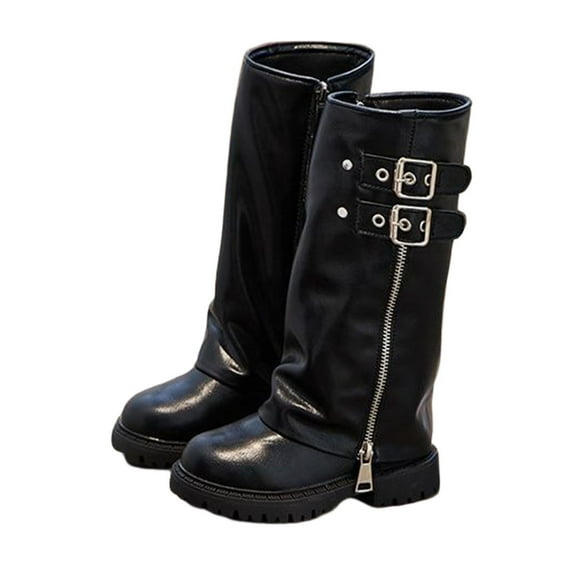 Miluxas Girls Knee High Boots with Belt Buckle Winter Snow Mid Leg Boots Retro Pleated Pants Boots Dress Shoes for Toddler Little Kid Big Kid Black 13.5 M(33)