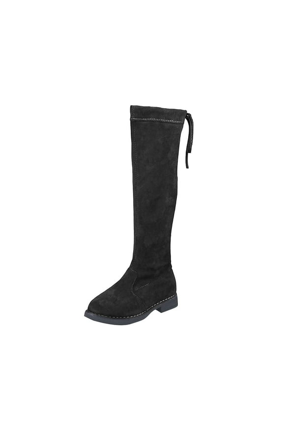 Girls Knee High Boots Ties Zipper String Suede Over Knee Long Boots Round Toe Lovely Princess Shoes Black 1.5(33)