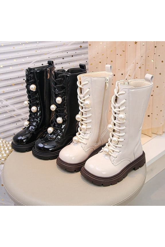 Girls Knee High Boots Winter Lace up Side Zipper Mid Calf Boots PU Leather Shiny Boots Fashion Dress Shoes White 3(37)