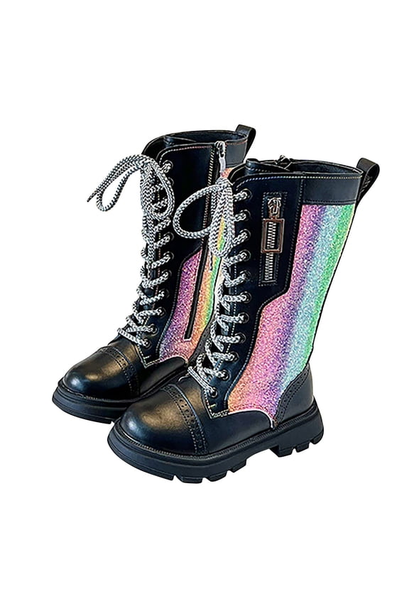 Girls Knee High Boots with Side Zipper Lace-up Colour Riding Shoes for Kids Party Christmas Holiday Black 12.5 M(31)