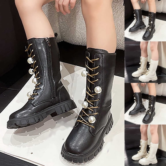 Miluxas Girls Knee Length Boots Side Zipper Combat Riding Boots Lace-up Chunky Low Heel Winter Boots Dress Kids Shoes Black 2.5(37)