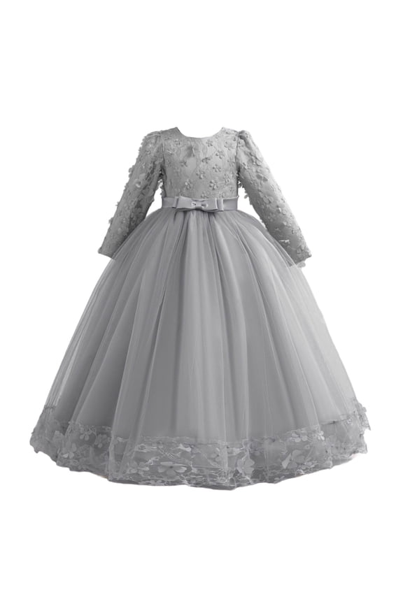 Girls Lace Dress for Kids Wedding Bridesmaid Pageant Party Maxi Gown Princess Puffy Tulle Ball Dresses Gray 3-4Years