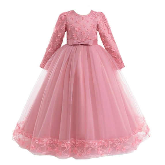 Miluxas Girls Lace Dress for Kids Wedding Bridesmaid Pageant Party Maxi Gown Princess Puffy Tulle Ball Dresses Pink 11-12Years