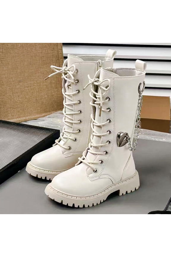 Girls Lace Up Riding Boots Mid Calf Combat Boots PU Leather Side Zipper Boot Beige 2.5(37)