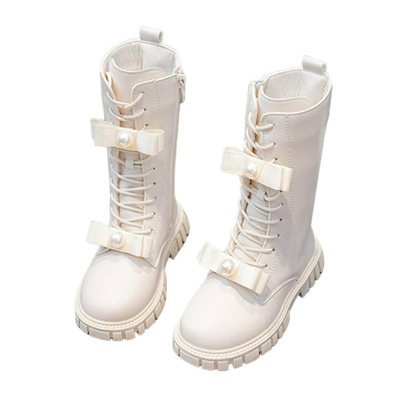Miluxas Girls Leather Lace-up Waterproof Pearl Bow Side Zipper Mid Calf Combat Riding Winter Boots (Toddler/Little Kid/Big Kid) Beige 12(30)