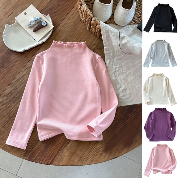 Miluxas Girls Lettuce Edge Trim Mock Neck Long Sleeve Slim Fit T-Shirt Tops Lightweight Tee White 90(90)