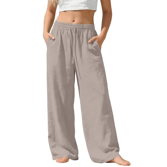Miluxas Girls' Lightweight Cotton Wide Leg Pants - Elastic Waist Drawstring Trousers, Breathable Casual Pants for Summer & Vacation Khaki 5 Years
