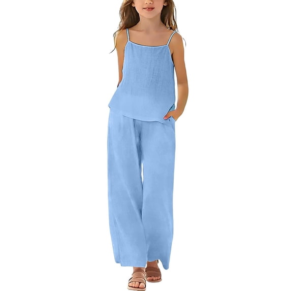 Miluxas Girls Linen Outfit 2 Piece Sleeveless Cami Top and Wide Leg Pants Set Kids Solid Casual Summer Beach Vacation Clothes Light Blue 150