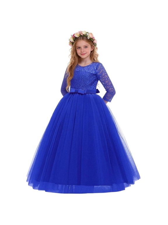 Girls Long Lace Bridesmaid Dress 3/4 Sleeves Floor Length Wedding Party Evening formal Maxi Tulle Ball Gowns Blue 7-8 Years