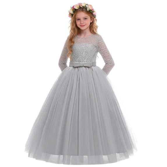 Miluxas Girls Long Lace Bridesmaid Dress 3/4 Sleeves Floor Length Wedding Party Evening formal Maxi Tulle Ball Gowns Gray 11-12 Years