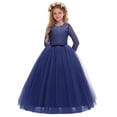 thumbnail image 1 of Miluxas Girls Long Lace Bridesmaid Dress 3/4 Sleeves Floor Length Wedding Party Evening formal Maxi Tulle Ball Gowns Navy 7-8 Years, 1 of 6