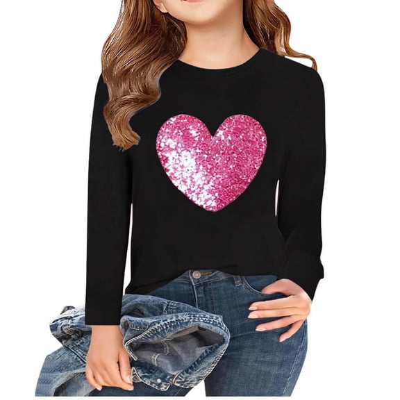 Miluxas Girls Love Heart T-Shirts Casual Long Sleeve Valentine's Day Graphic Tees Tops Black 14-15Years