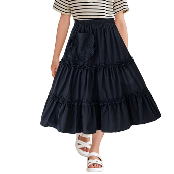 Miluxas Girls Maxi Skirt – Flowy Layered Midi Skirt, Casual Comfortable A-Line Dress for Kids Tiered Ruffle Black 5-6Years