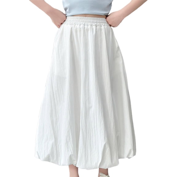 Miluxas Girls Maxi Skirts Summer Boho Solid Beach Elastic High Waist Pleated A-Line Flowy Swing Long Maxi Skirts White 9 Years(140)