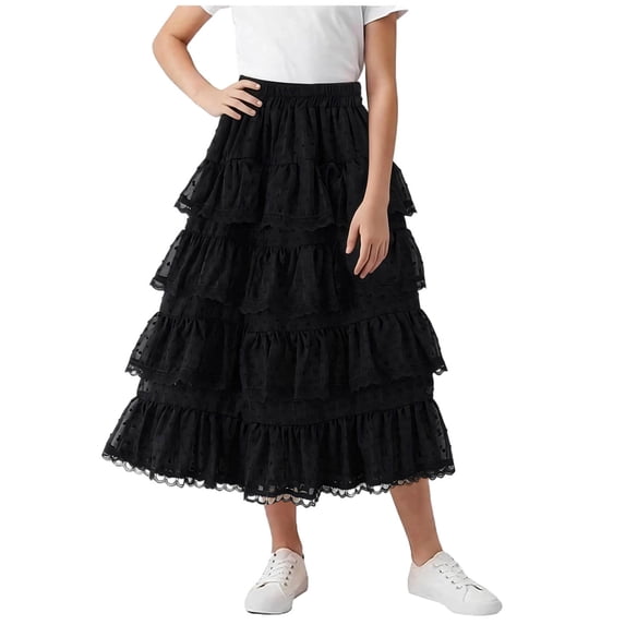 Miluxas Girls' Maxi Skirts Tiered Elastic Waist Long Flowy Swing Ruffle Pleated Casual Summer Skirts Black 5-6 Years