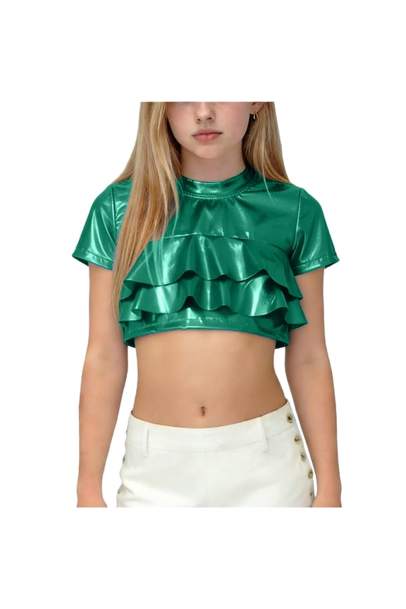 Girls Metallic Short Sleeve Tops Shiny Ruffle Layered Crop Tops Dance Shirts Green 140(140)