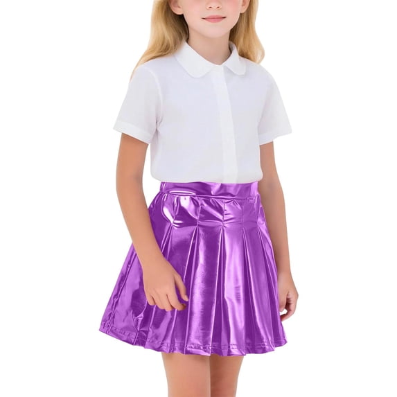 Miluxas Girls Metallic Skater Skirt Sparkly Shiny Flared Pleated A-Line Mini Skirt Blue 12-13Years