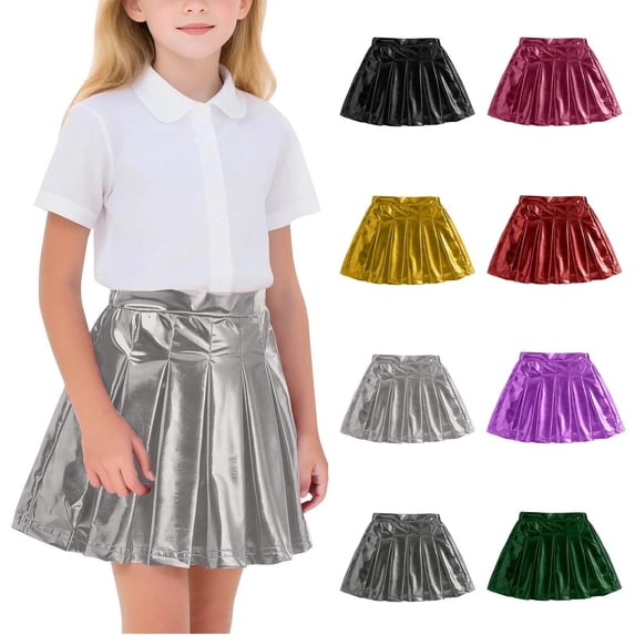 Miluxas Girls Metallic Skater Skirt Sparkly Shiny Flared Pleated A-Line Mini Skirt Silver 14-15 Years
