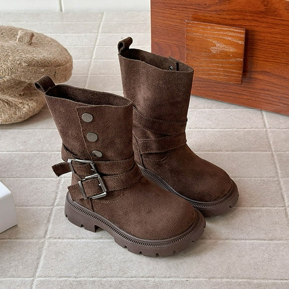 Miluxas Girls Mid Calf Boots Cowboy Cowgirl Boot Kids Winter Western Shoes Round Toe Lug Sole Comfortable Slip On Long Boots Anti-Slip Wide Calf Riding High Boot Brown 8.5(24)